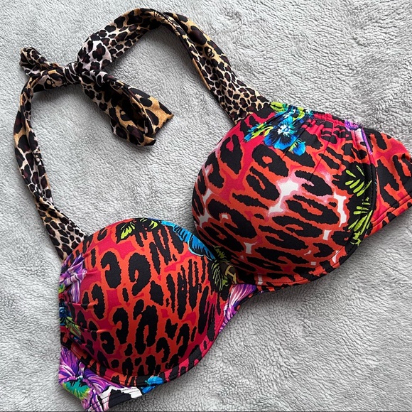 Victoria's Secret Other - Victoria's Secret Bombshell Floral Leopard Animal Print Halter Bikini Top 34B